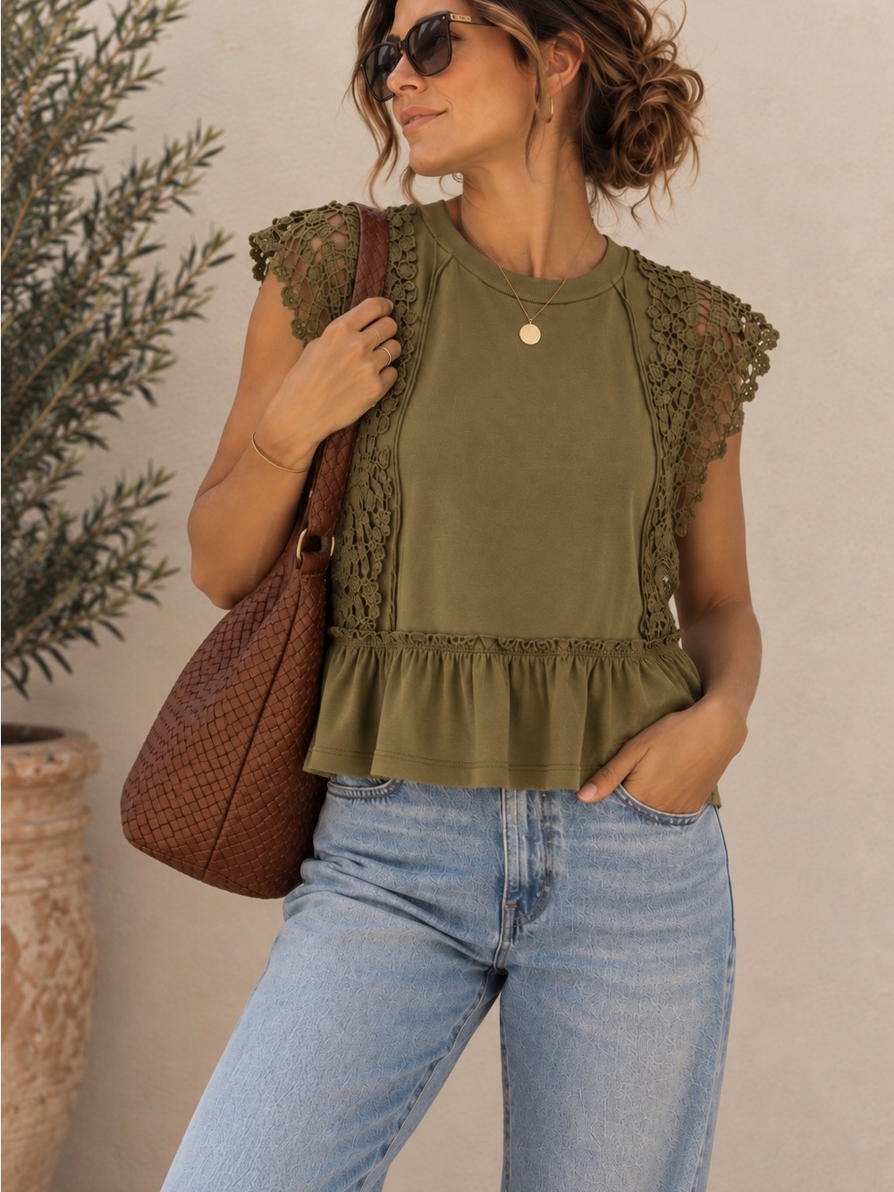 Anthropologie Olive Green Lace Ruffle Boho Top Cotton M
